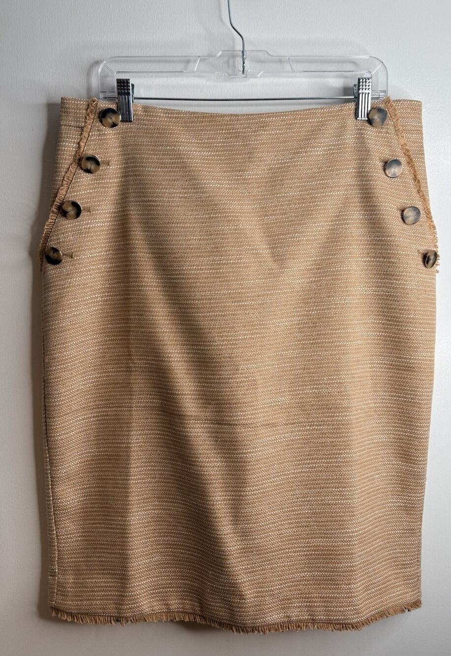 Ann Taylor Tan with Metallic Threading Fringe Hem Skirt Lined Size 12